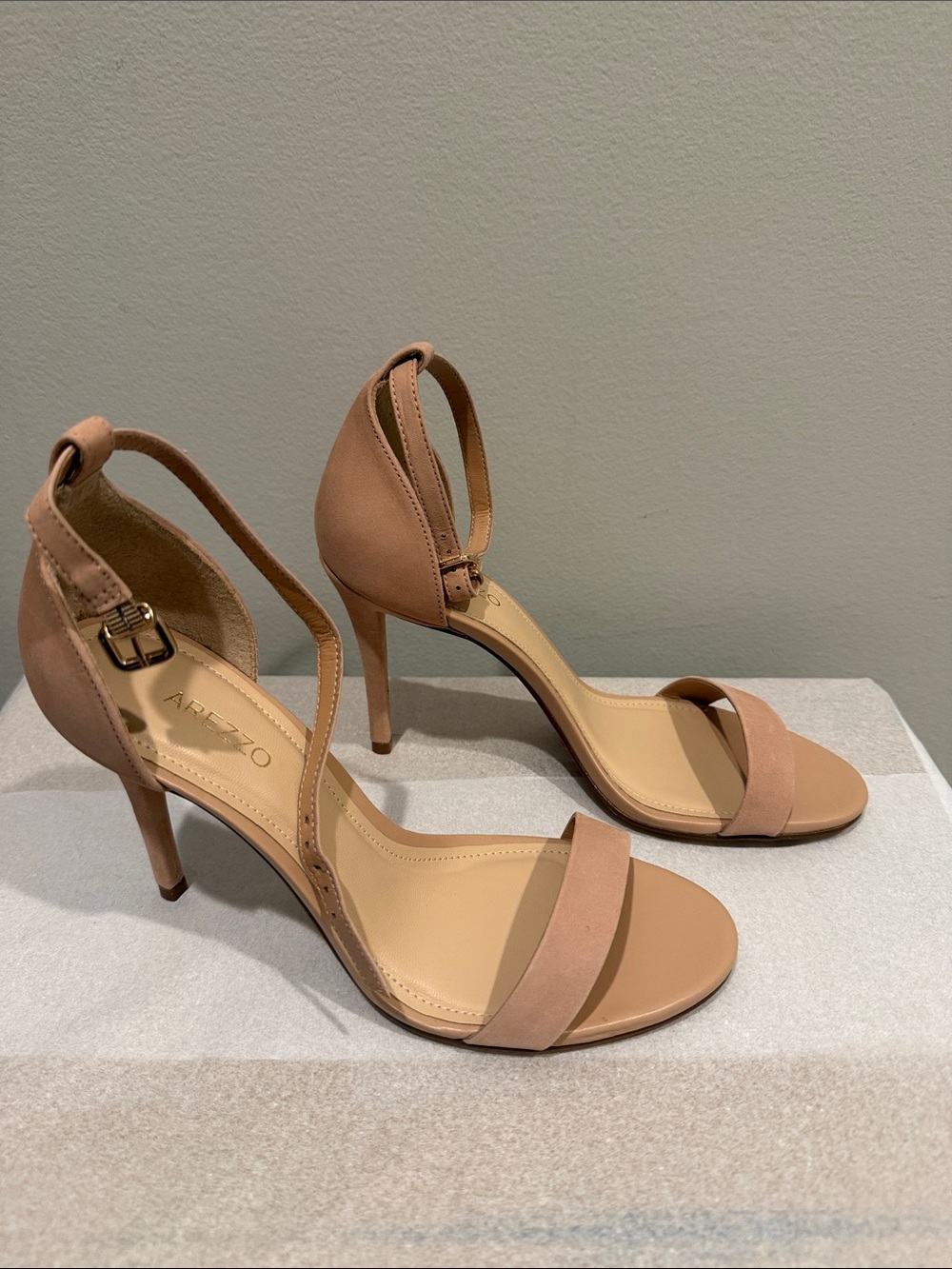 Arezzo  Size 7.5 Isabelli Sand Nobuck 4 inch heel  Stiletto Sandals
